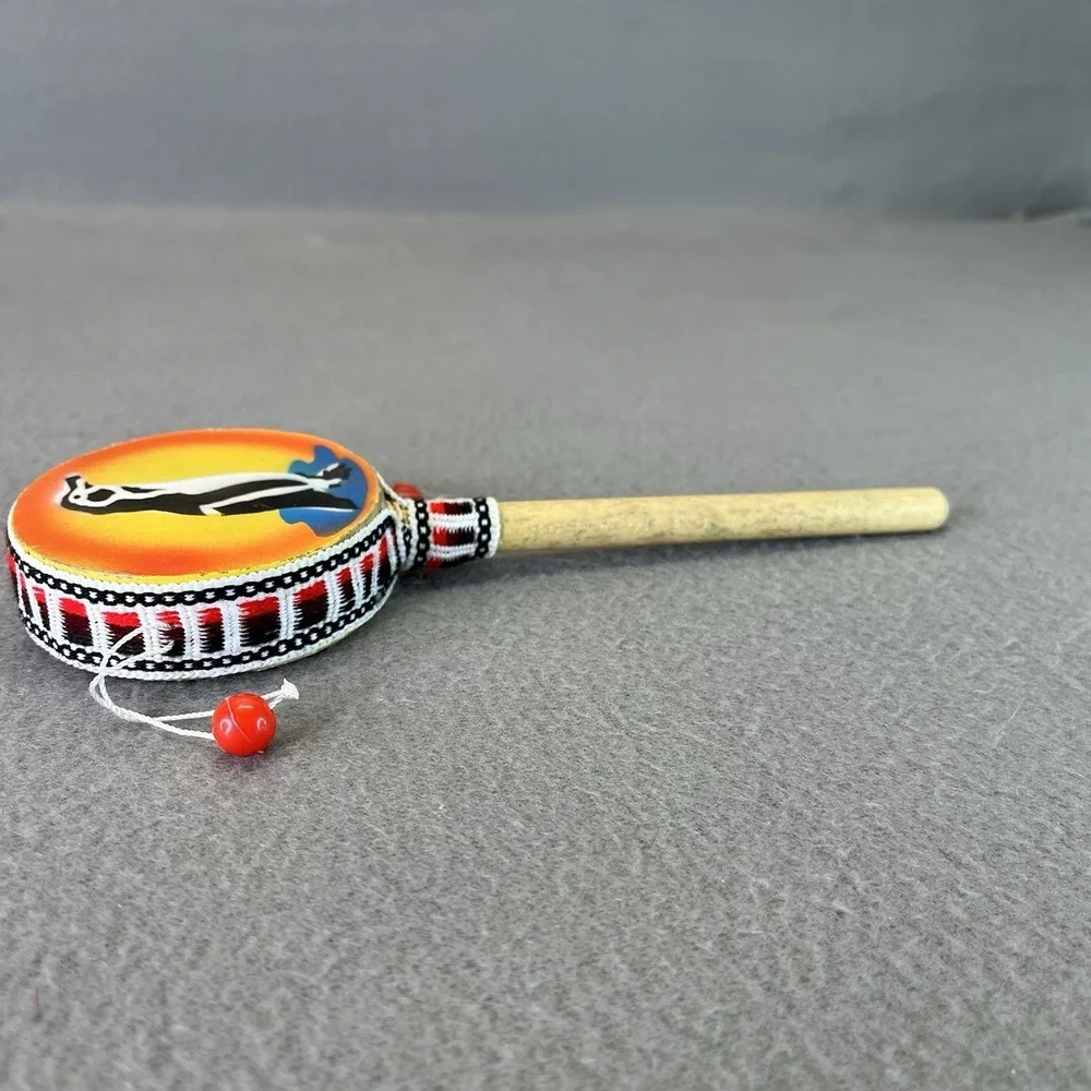 Spin Drum Wood Handle Penguin Spirit Bead Dance Beat Percussion Toy